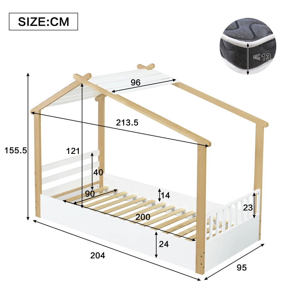 Letto Casetta 90x200 cm con Rete a Doghe - in Legno Massello e MDF - Bianco e Naturale