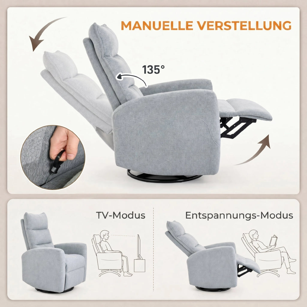Poltrona Relax Girevole con Funzione Letto ¨C zephmum ¨C Tessuto Grigio Chiaro