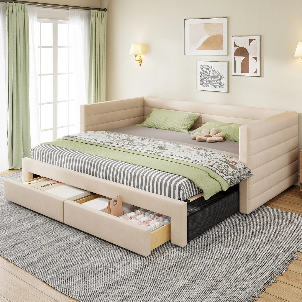 Divano letto 3-in-1 con cassetti, 90x190 cm, cotone/lino beige