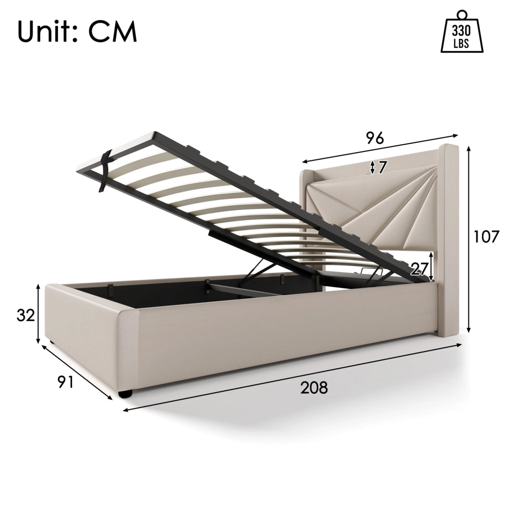 Letto contenitore 90x200 cm con USB e USB C; testiera imbottita; beige