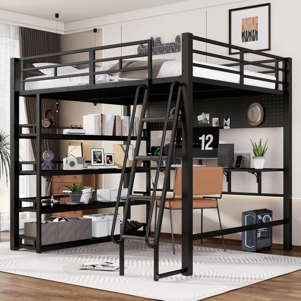 LETTO a soppalco con ripiani 140x200 cm metallo e truciolato nero