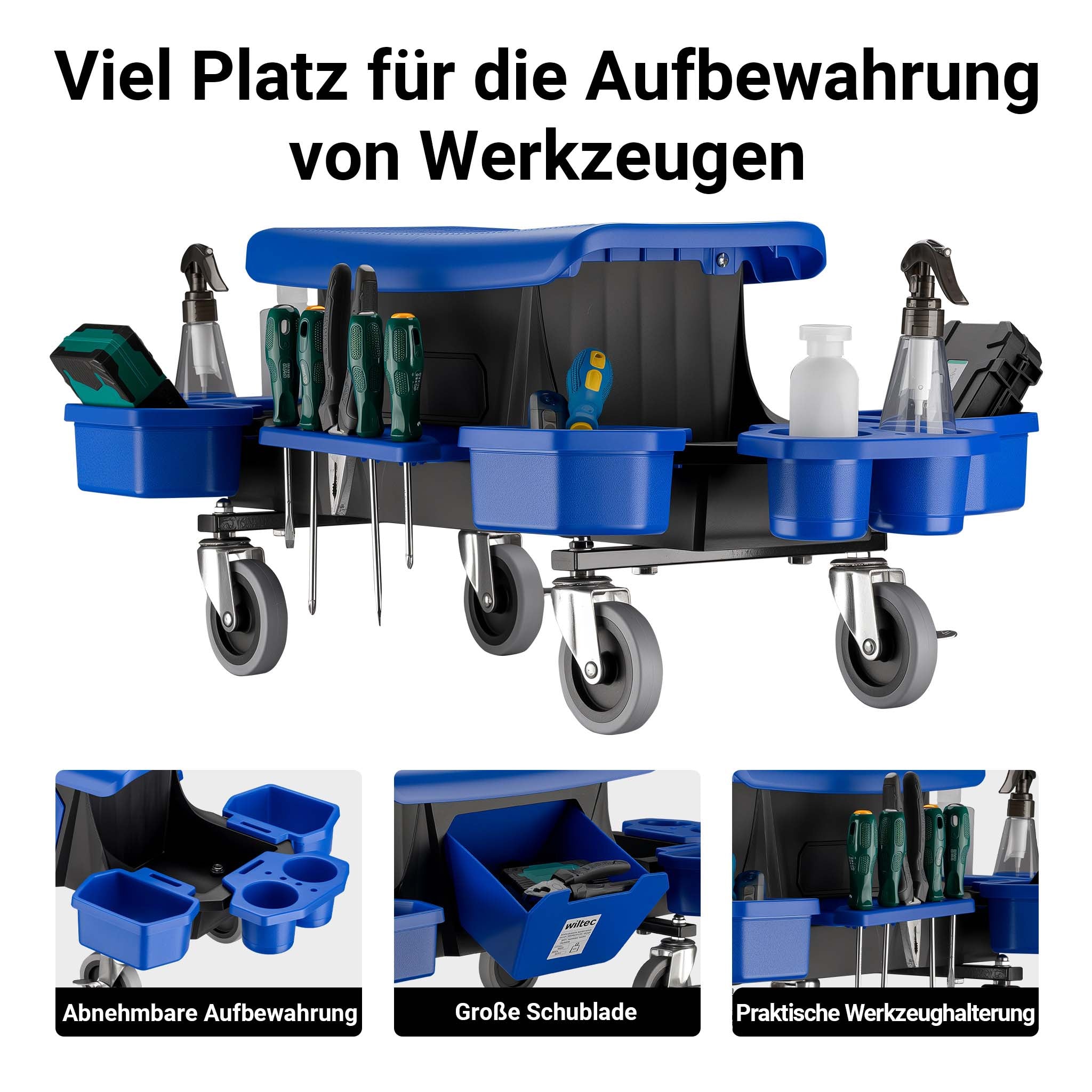 Sgabello da officina con ruote e cassetto per attrezzi, portata 150 kg, 6 scomparti intercambiabili, sgabello da lavoro con ruote