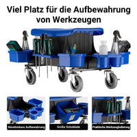Sgabello da officina con ruote e cassetto per attrezzi, portata 150 kg, 6 scomparti intercambiabili, sgabello da lavoro con ruote