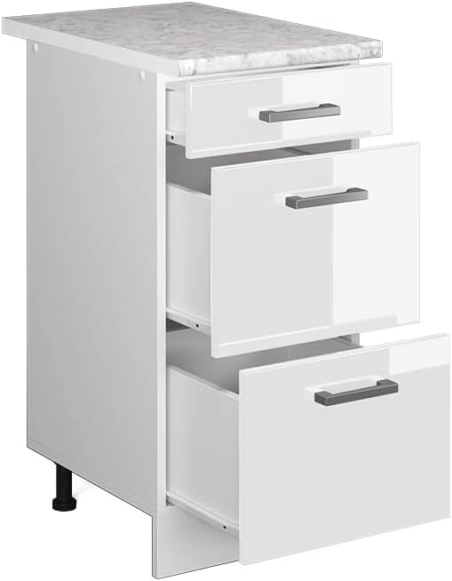 Mobiletto base per cucina R-Line, Bianco lucido, 40 cm con cassetti PL Marmo, per la libera combinazione all'interno di sistemi cucina modulari