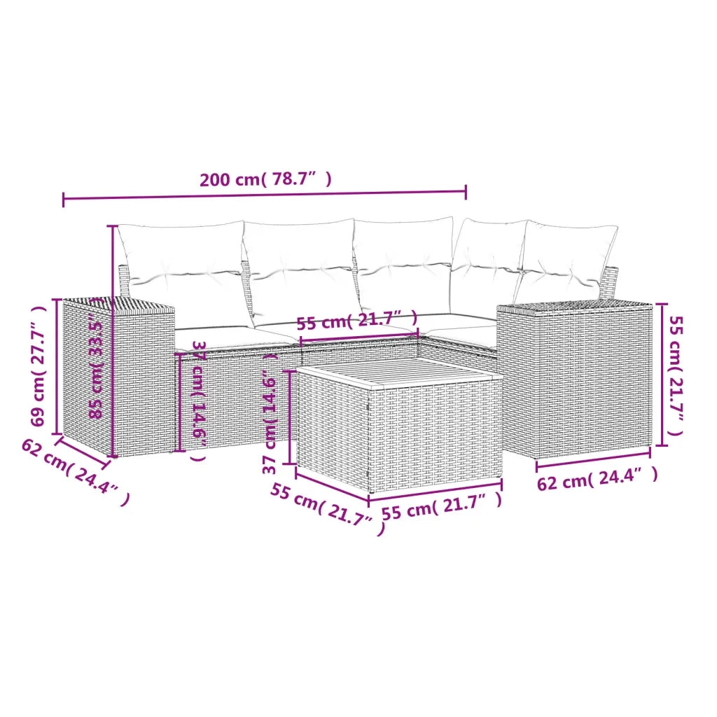 Set Divano da Giardino 5 pz con Cuscini Beige in Polyrattan