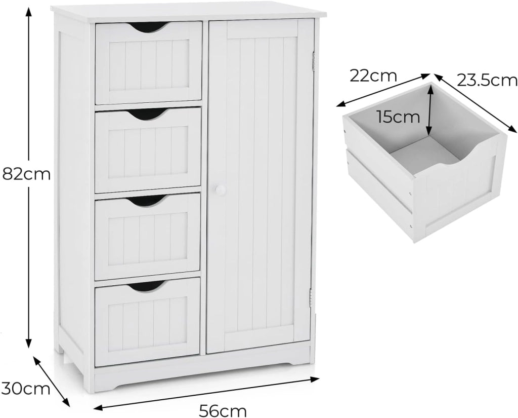 Armadietto portaoggetti con ripiano regolabile, armadio da bagno con 4 cassetti e 1 anta, 56 x 30 x 82 cm, con chiusura ribaltabile, per soggiorno, cucina (bianco), SE09884MTDE