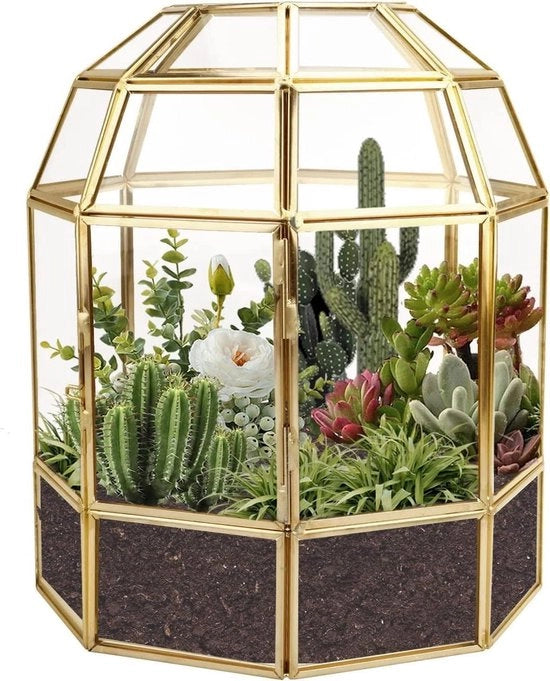 Terrario geometrico grande a forma di casa - vetrina in vetro di colore nero artigianale - tavolo da giardino vintage - mini vaso per piante - 18cm - piante grasse cactus piante aeree - forma di gabbia per uccelli dorata