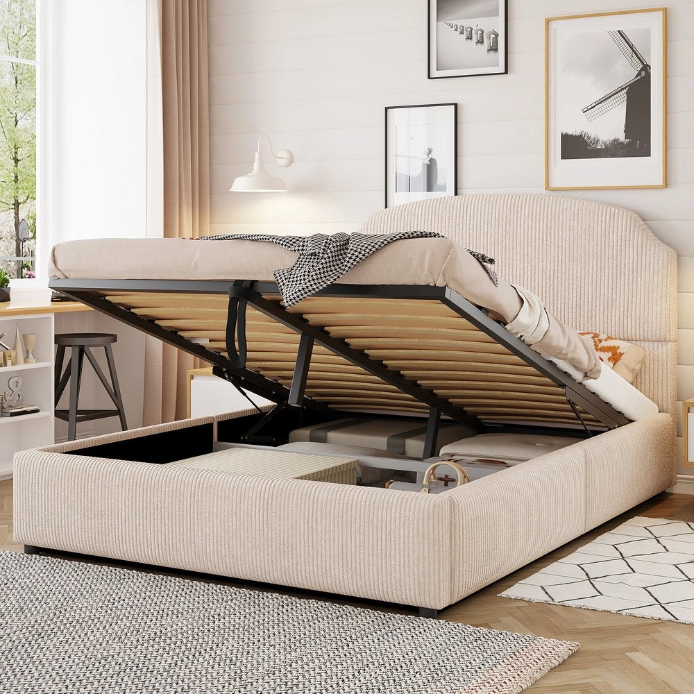 Letto Contenitore Imbottito 140x200 ¨C MINIMAL ¨C Tessuto a Righe, Testiera, Idraulico