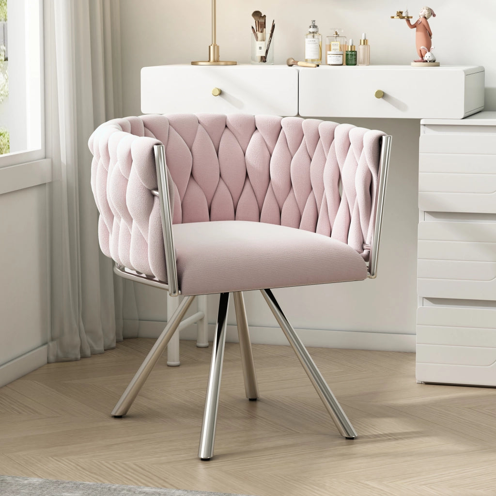 Sedia girevole in velluto rosa con struttura in acciaio, seduta imbottita e schienale ergonomico