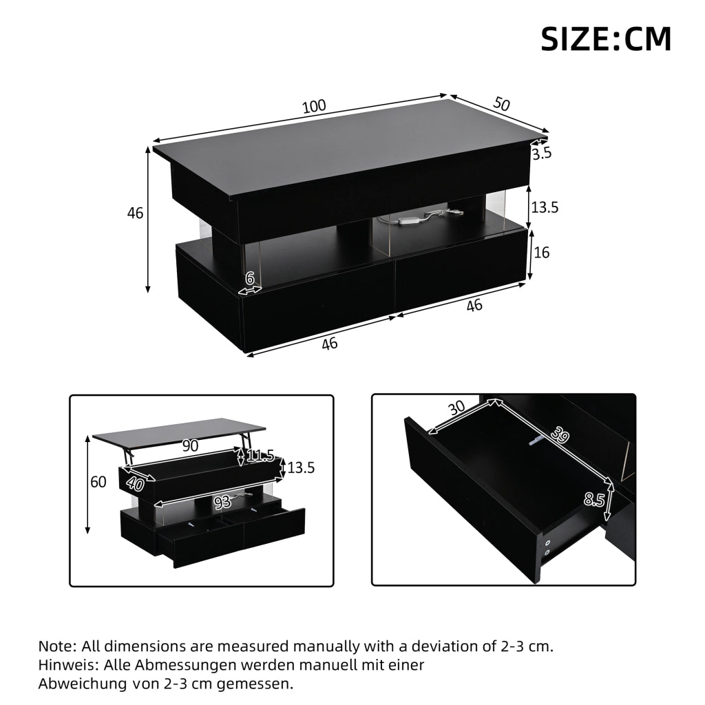 Tavolino da caff¨¨ sollevabile 100 x 50 x 46 cm nero con contenitore nascosto, 2 cassetti e illuminazione LED