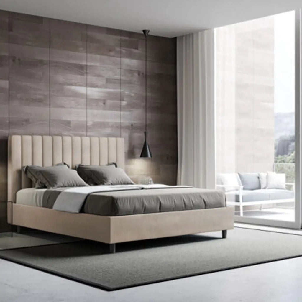 Letto matrimoniale francese contenitore imbottito 140x190 microfibra sabbia Agueda