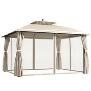 GAZEBO DA GIARDINO 3.7 X 3 M CON ZANZARIERA TENDE LATERALI E DOPPIO TETTO BEIGE