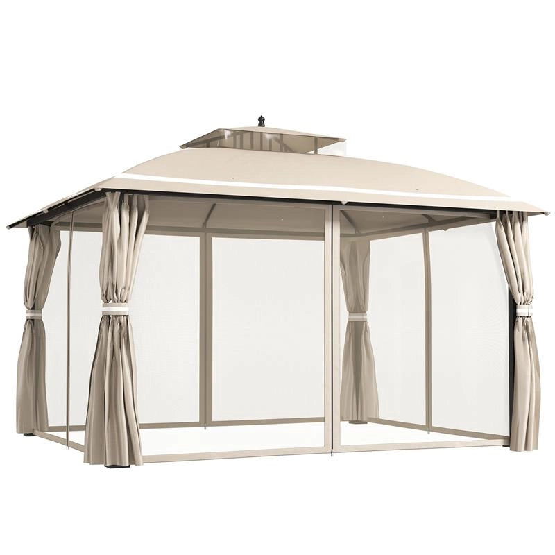 GAZEBO DA GIARDINO 3.7 X 3 M CON ZANZARIERA TENDE LATERALI E DOPPIO TETTO BEIGE