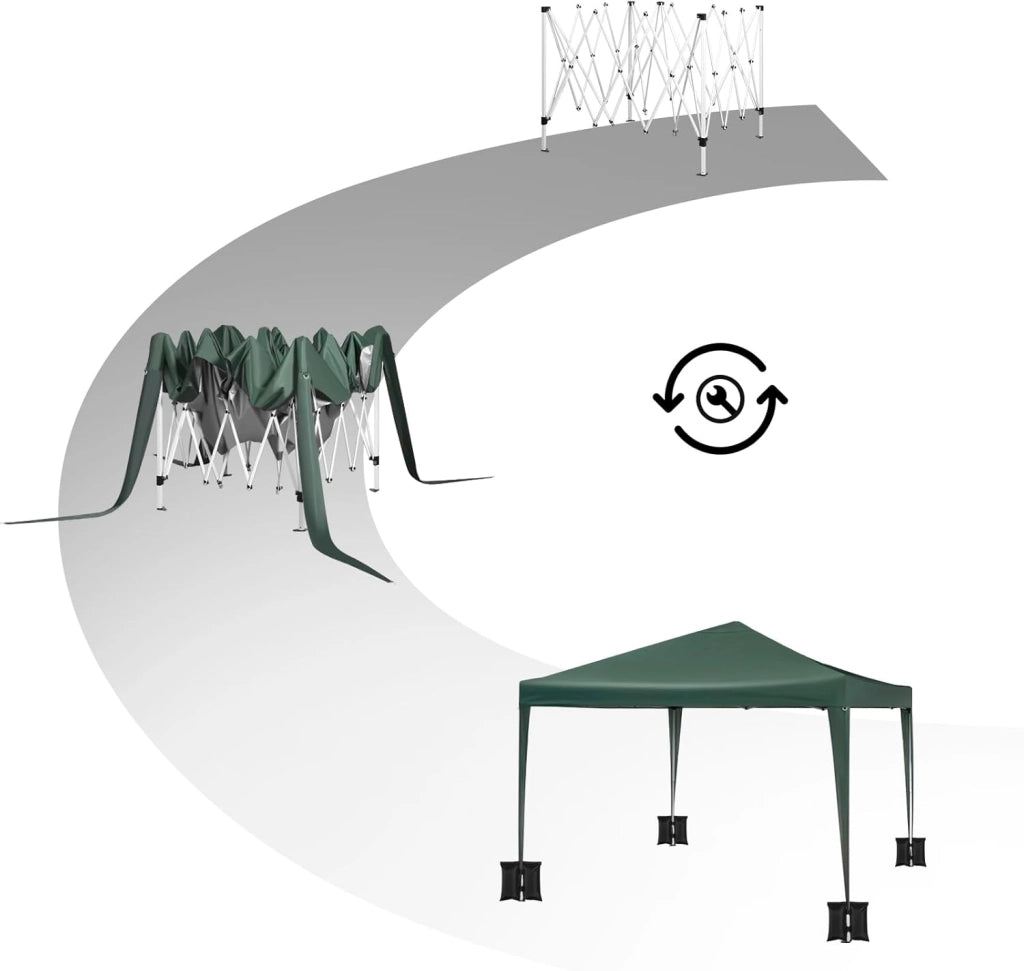 Gazebo da Giardino Richiudibile 3x3m Gazebo da Esterno in Ferro Regolabile in Altezza Tendone Pieghevole con Set di 4 Sacchi di Sabbia, Facile da Montare Verde
