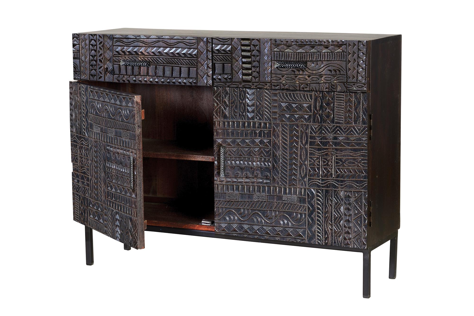 Consolle a 2 ante in massello di mango intagliato con piedi in metallo