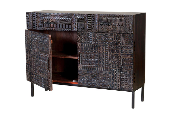 Consolle a 2 ante in massello di mango intagliato con piedi in metallo