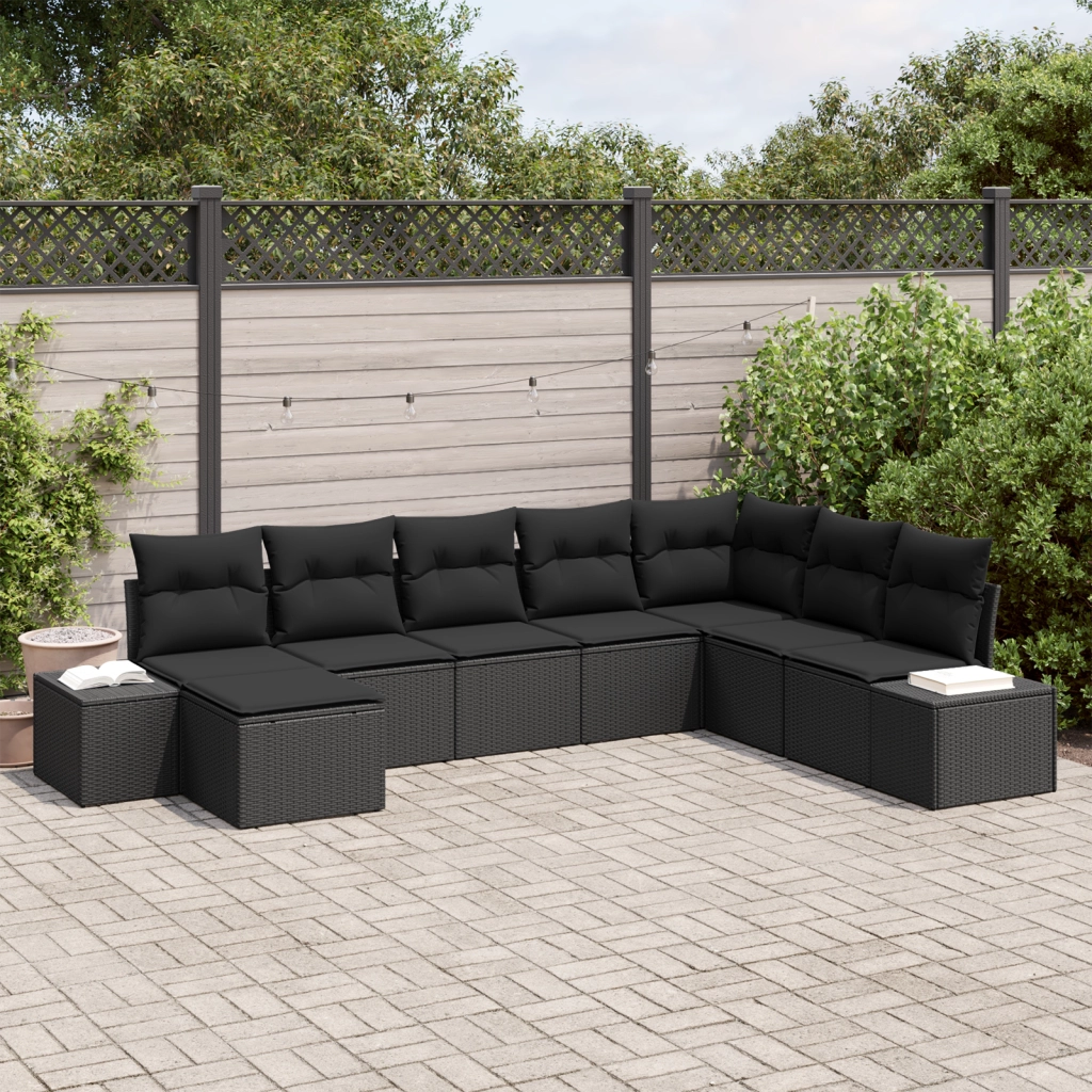 Set di divani da giardino a 8 pezzi con cuscini in polirattan nero
