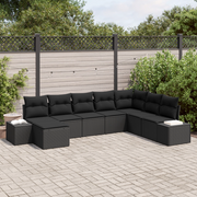Set di divani da giardino a 8 pezzi con cuscini in polirattan nero
