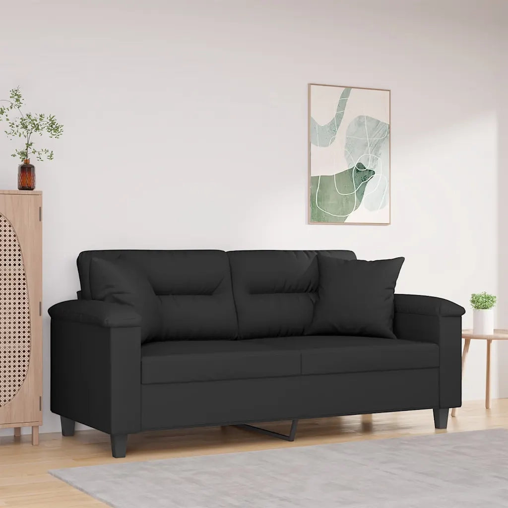 Divano | Divano da soggiorno | Sofa a 2 Posti con Cuscini Nero 140 cm Tessuto Microfibra