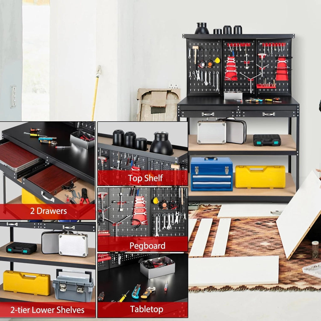 Banco da Lavoro, Organizer per Attrezzi in Metallo con 3 Pannelli Perforati con Kit di 25 Ganci, 2 Cassetti e 2 Ripiani, Banchi da Lavoro per Officina, Garage (Nero+Rosso, 121 X 61 X 156 CM)
