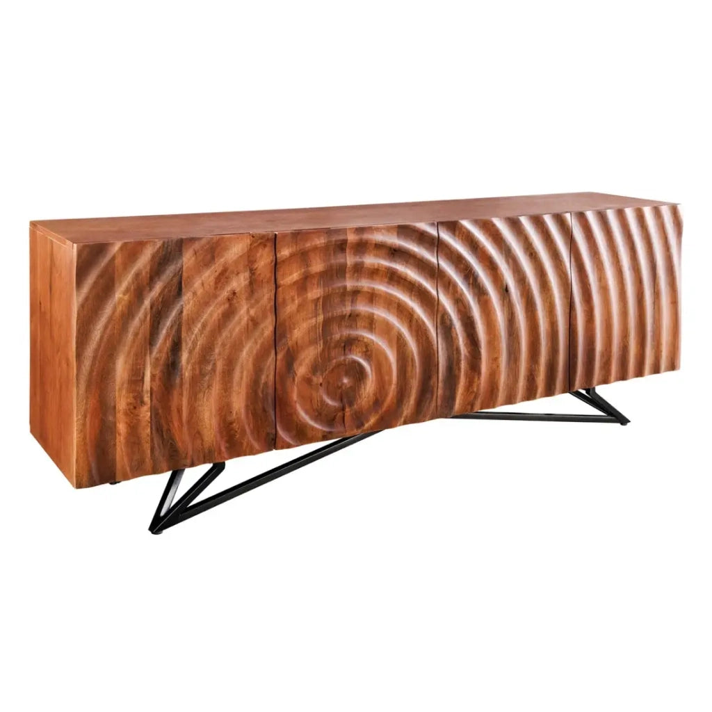 Buffet ZENWOOD 180 cm – Legno massiccio scolpito 3D e metallo nero – 4 porte