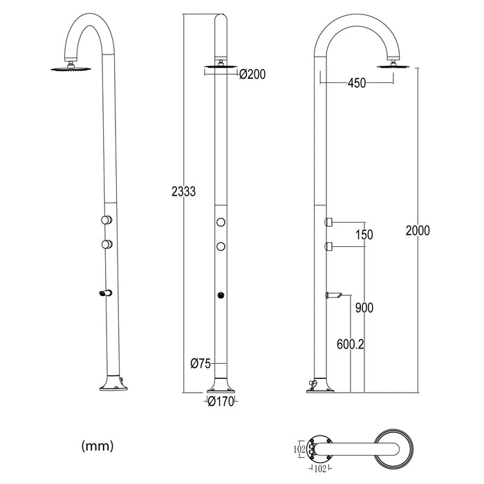 Doccia da Giardino in Alluminio Soffione I-switch Quadrato con Termometro LCD Sined Luna Alu Grigio