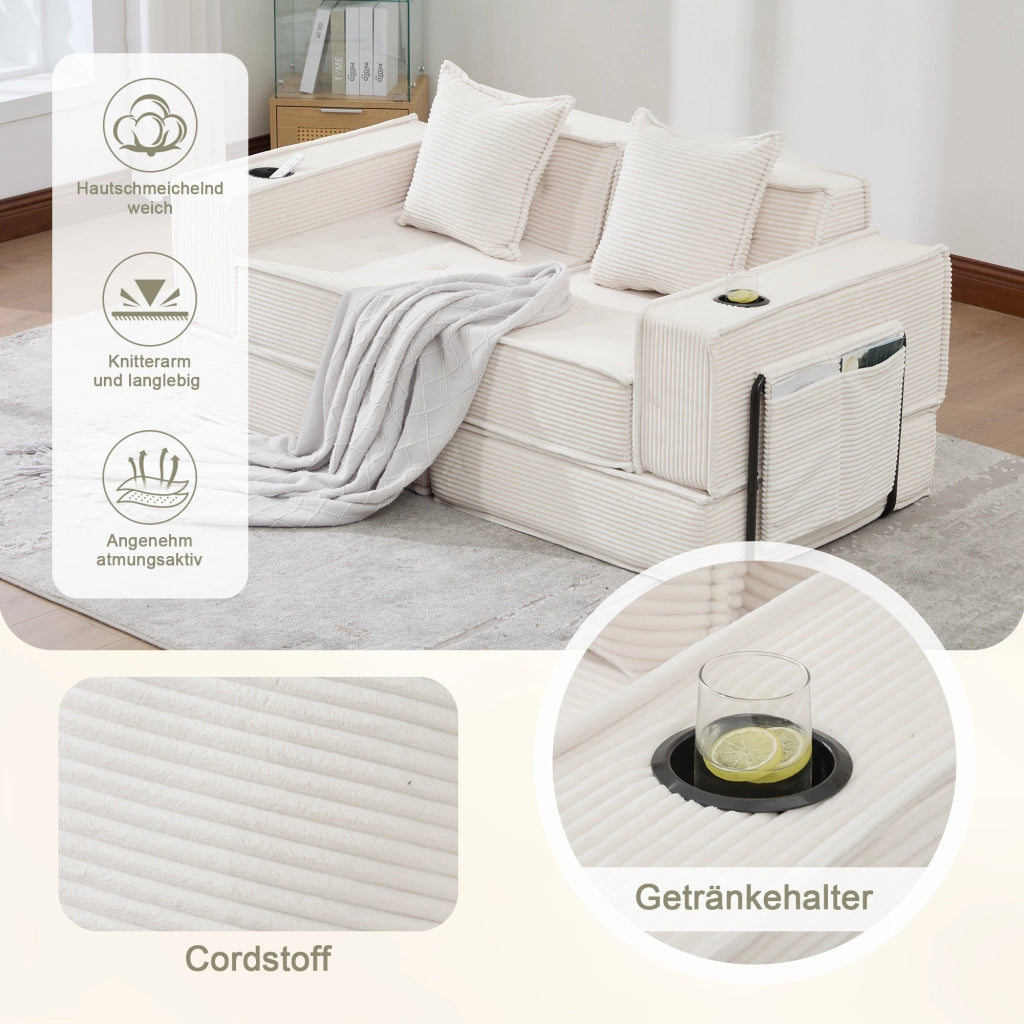 DIVANO pouf modulare 162x78x66 cm velluto a coste beige con 2 cuscini
