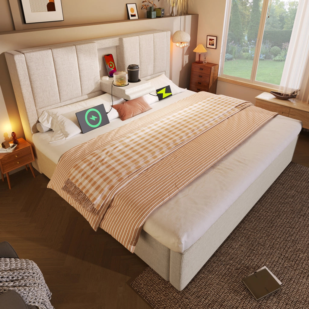 Letti contenitori 180x200 cm; con porta USB e portabicchieri; lino beige (Senza materasso)