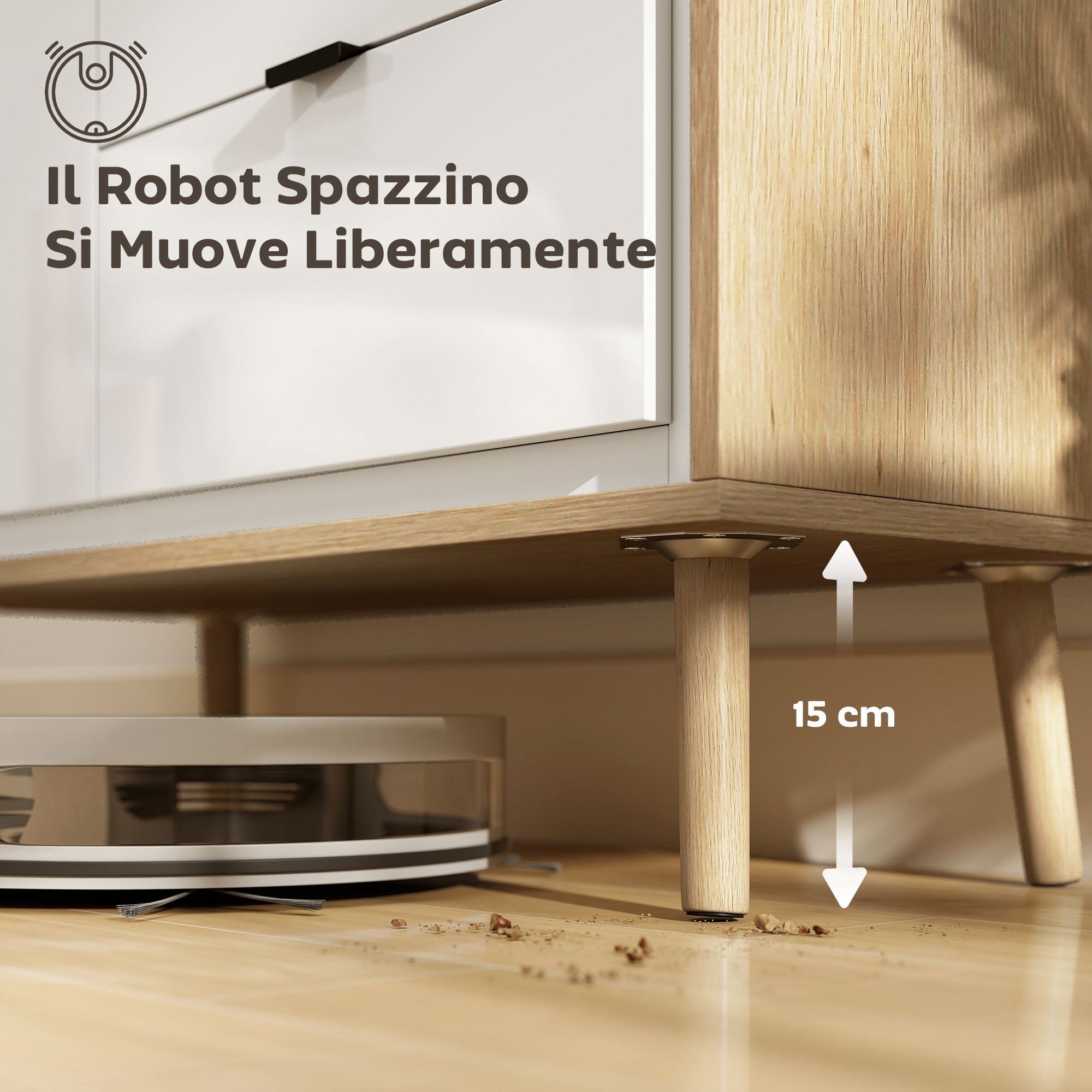 Credenza Moderna con 3 Cassetti e Armadietto Ante Lucide Bianco e Rovere