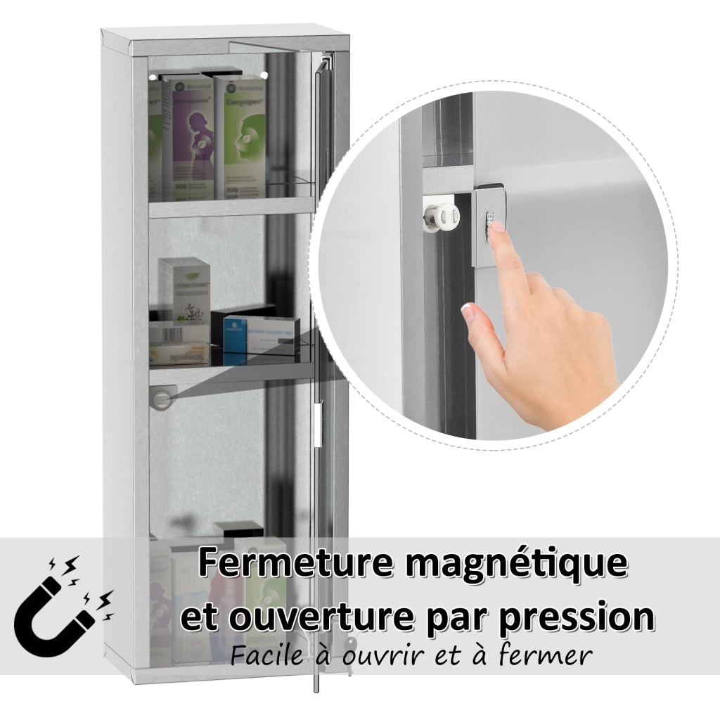 Armadietto Farmacia Parete ¨C Xylo ¨C Acciaio Inox con Vetro Temperato, 20x12x58 cm