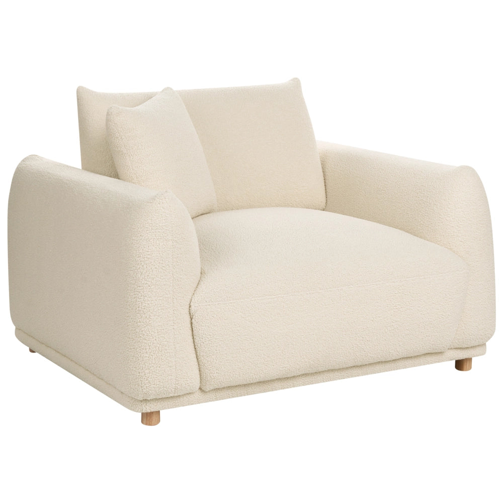 Set divano moderno a 5 posti in bouclè con cuscini decorativi e poltrone con gambe in legno bianco sporco stile moderno