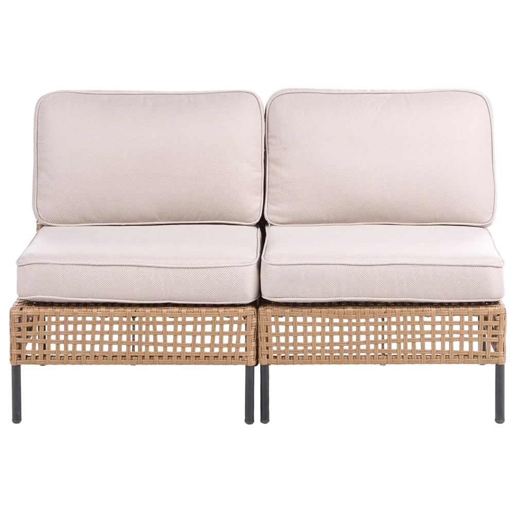 Divano da esterno in rattan PE beige chiaro a 2 posti con struttura in metallo cuscini per seduta e schienale stile moderno giardino patio