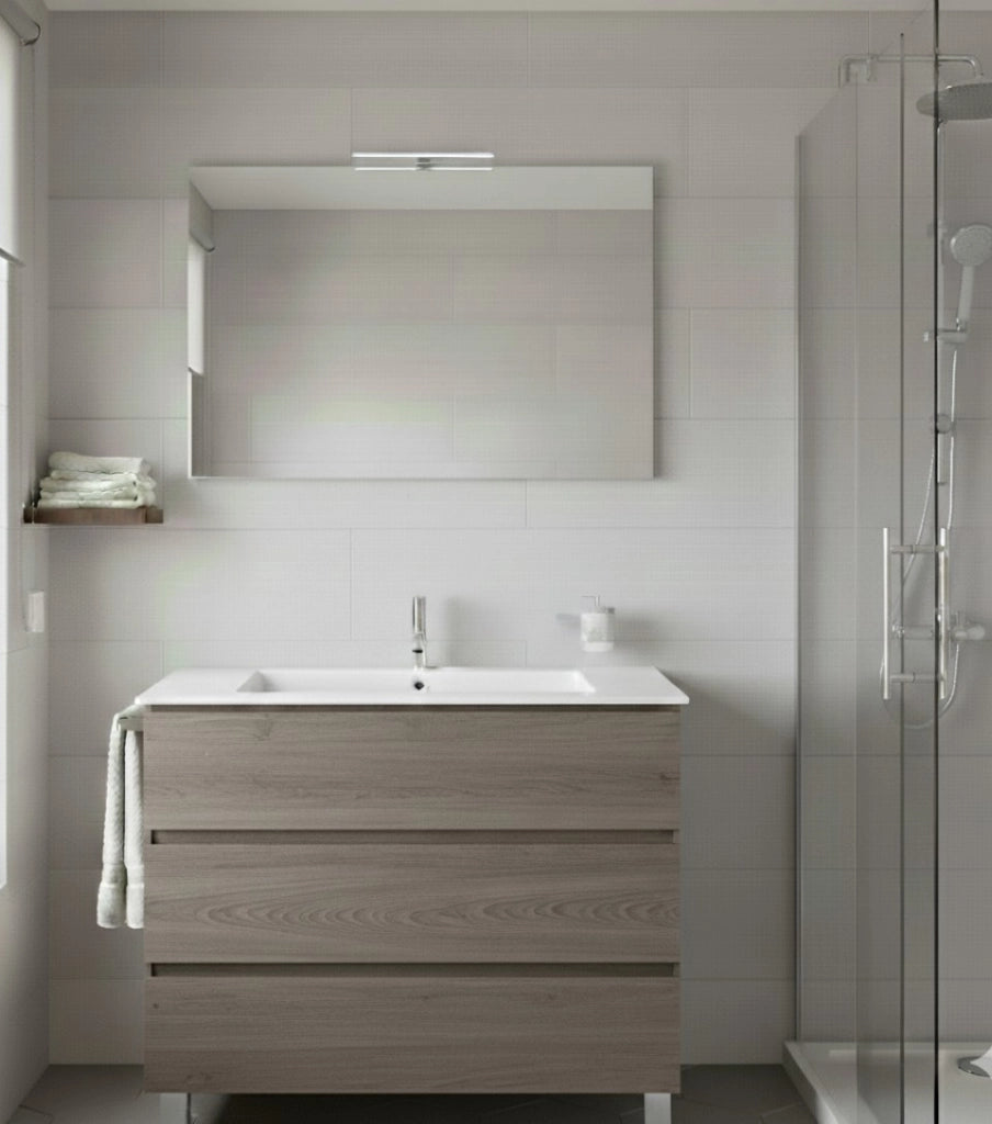 Mobile Bagno BALDER Già Montato 3 cassetti con piedini, lavabo e specchio Rovere affumicato 90x45 cm