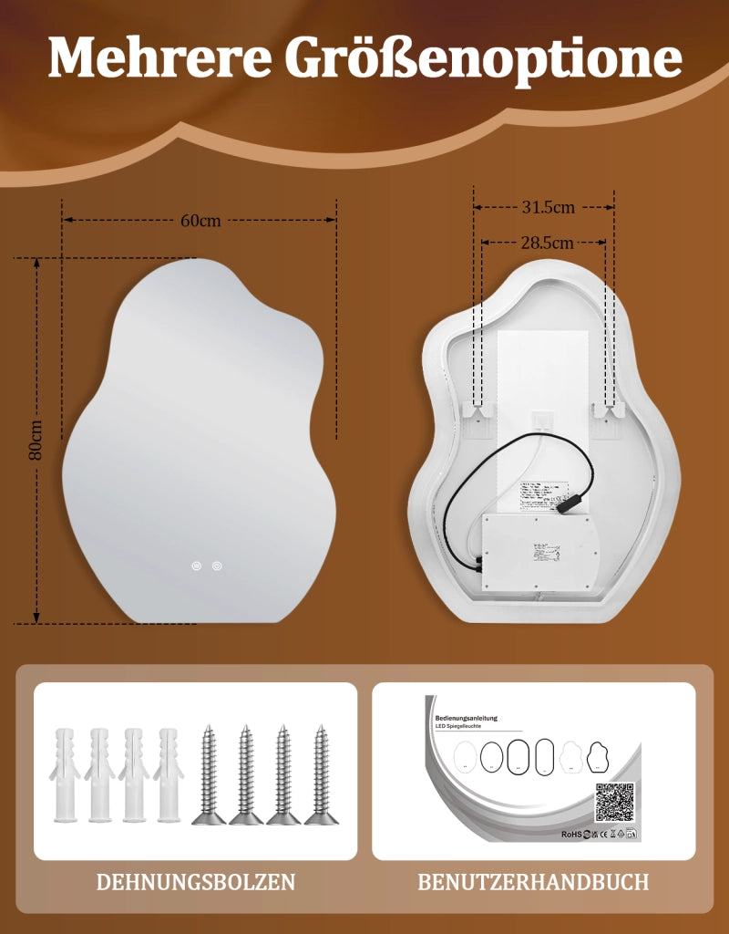 ZMH Specchio da bagno LED asimmetrico 60x80 cm IP44 interruttore touch funzione antiappannante dimmerabile 3000K-6500K