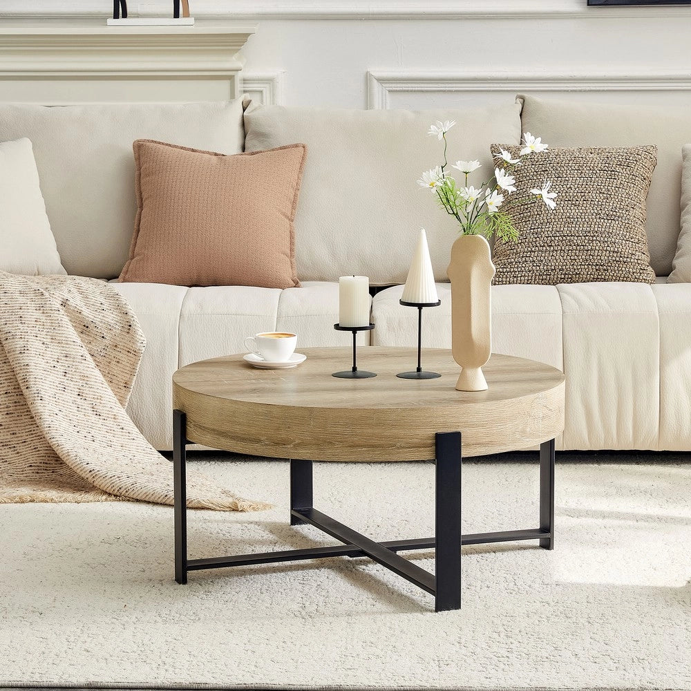 Tavolino da Caff¨¨ Rotondo ¨C MINIMAL ¨C MDF Effetto Legno, Metallo Nero, ?68 cm