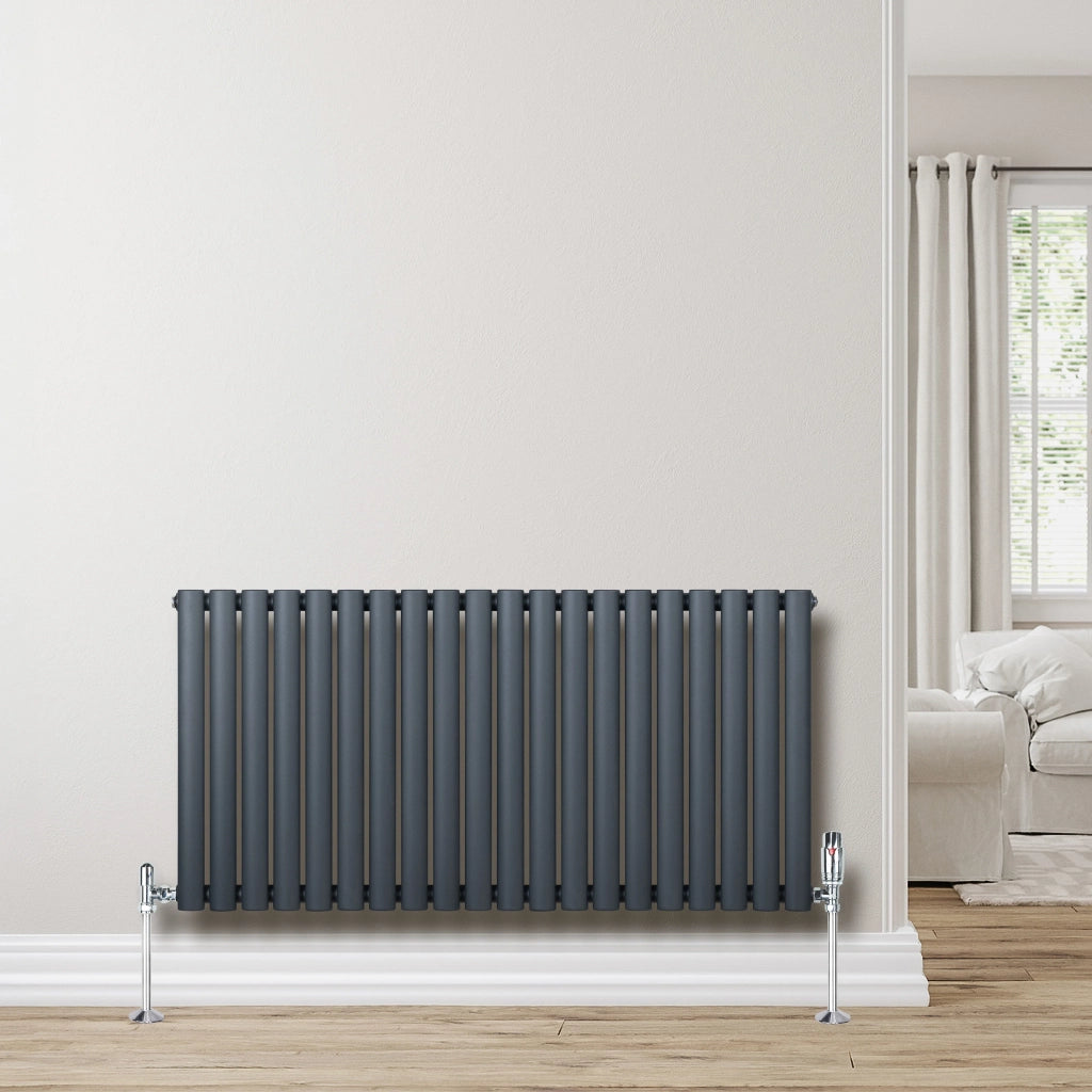 Radiatore Orizzontale Ovale 600x1200mm Grigio Antracite con Valvole TRV