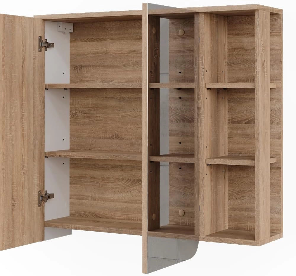 Mobile a specchio Karen, Sonoma/Bianco, 80 x 75 cm, per montaggio a parete con superficie d'appoggio integrata