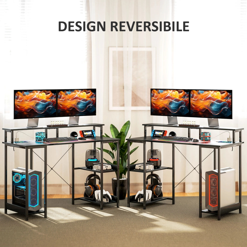 Scrivania Gaming con LED e Supporto Monitor ¨C Xylo ¨C Nero 120x50cm con Scaffale e Prese Elettriche