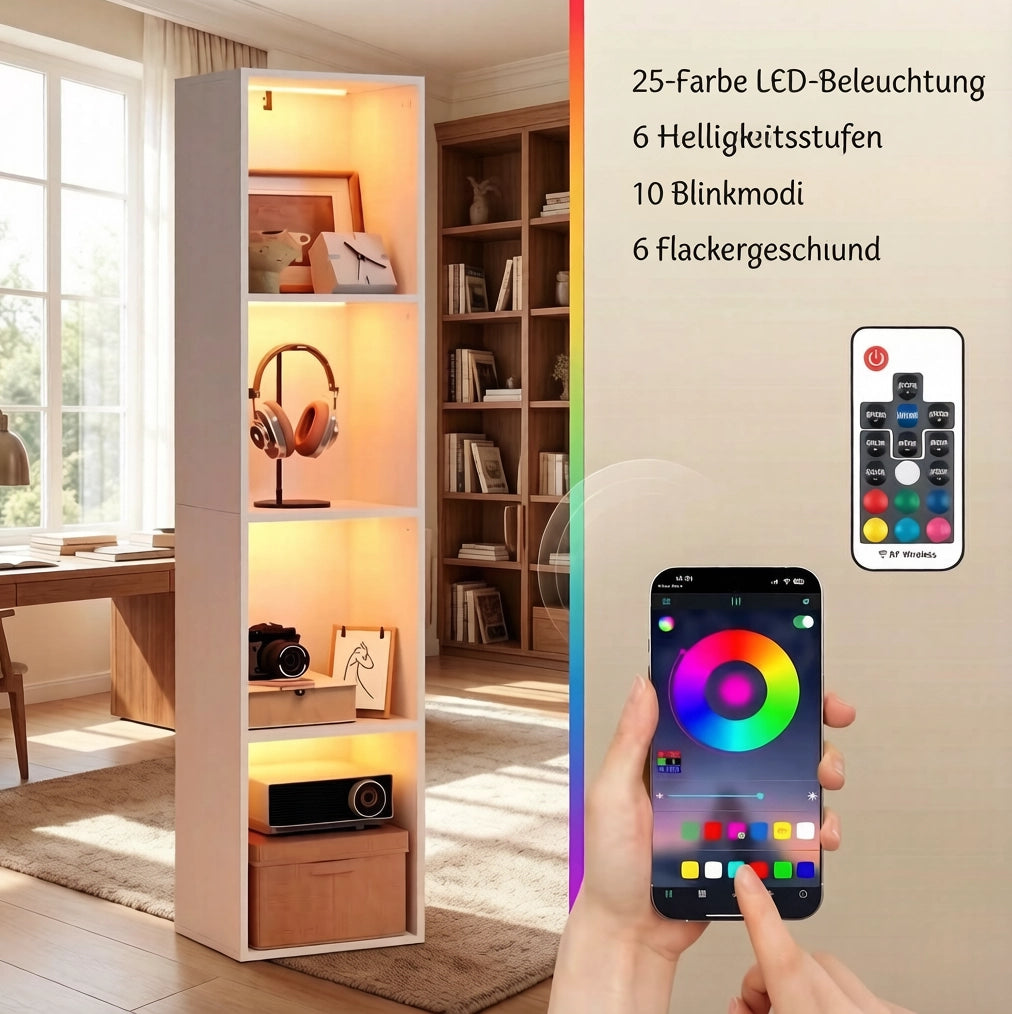 Libreria verticale bianca 40x29x170 cm con illuminazione RGB， 4 scomparti