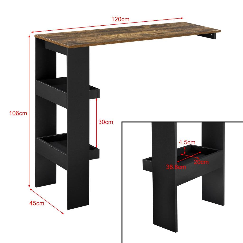 Tavolo Alto Bromölla da Bar Cucina Bancone da Parete con 2 Ripiani 120 x 45 x 106 cm - Effetto Rovere Scuro/Nero [en.casa]