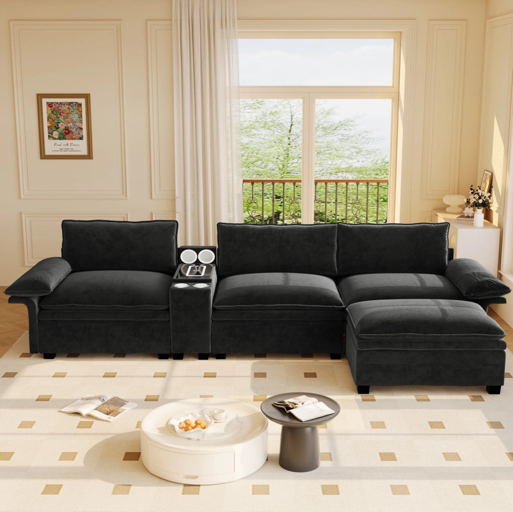 Divano modulare angolare 4 posti in chenille nero con pouf, ricarica wireless, altoparlanti Bluetooth e luci dimmerabili
