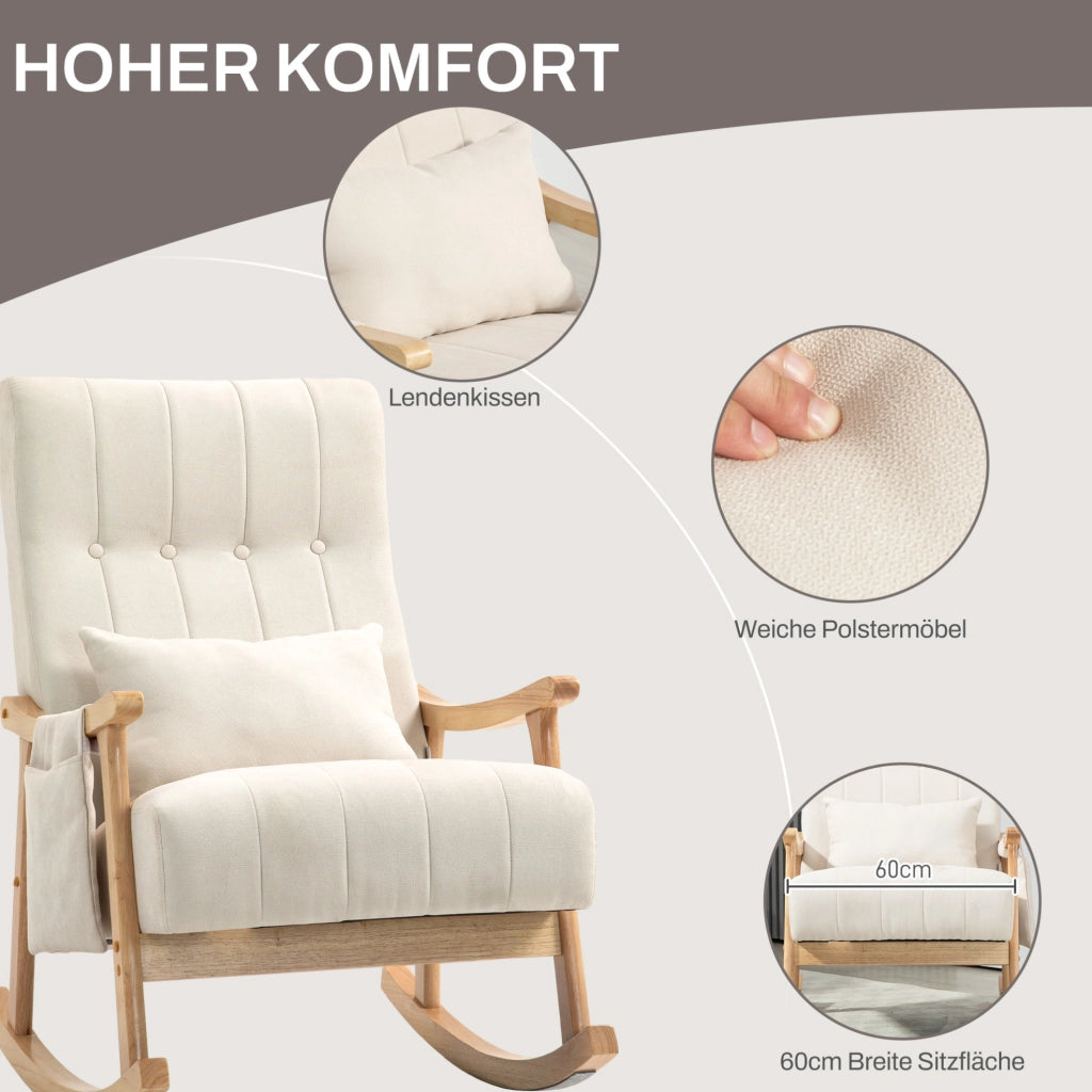 Poltrona a dondolo imbottita beige con cuscino lombare