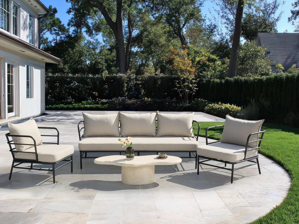 Set da giardino Cuscini in tessuto beige chiaro sfoderabili Divano a 3 posti con poltrone Telaio in alluminio nero
