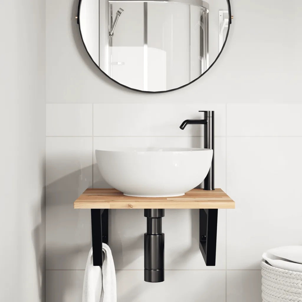 Ripiano a Parete per Lavabo in Acciaio e Massello di Acacia