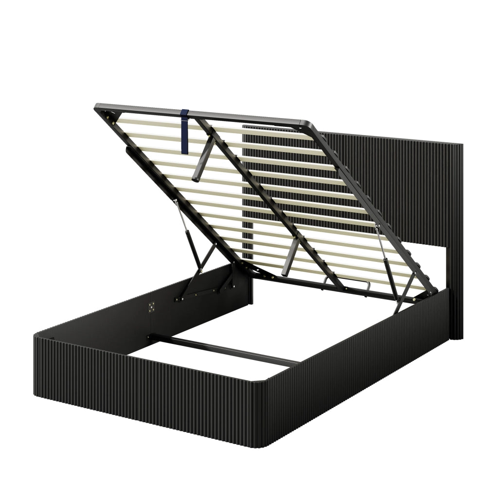 Letto 140x200 cm con contenitore e sollevamento idraulico in MDF e metallo nero