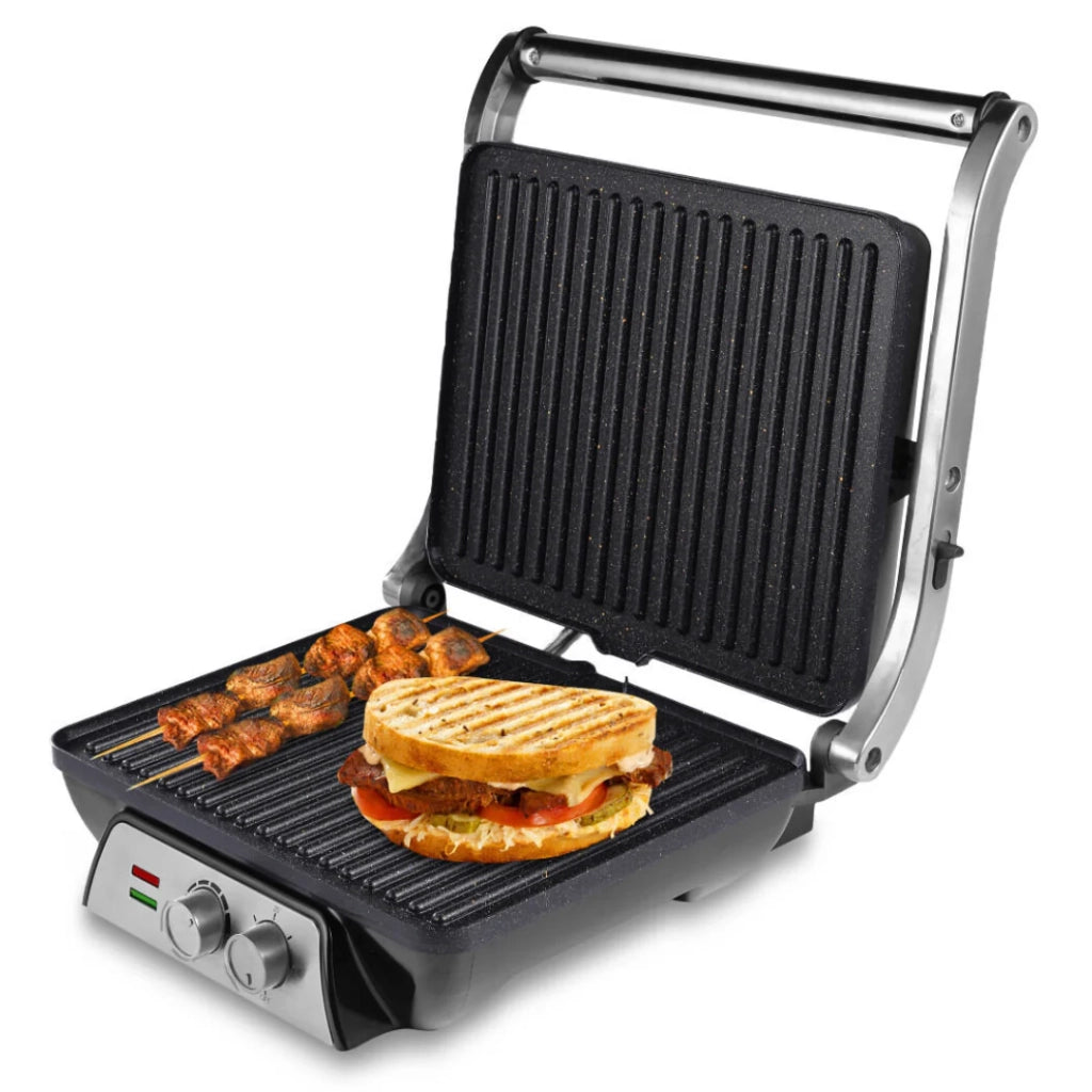 Grill Elettrico a Contatto SOGO 2000W 4 Panini – Piastra Antiaderente Effetto Pietra, Apertura 180°, Termostato e Timer