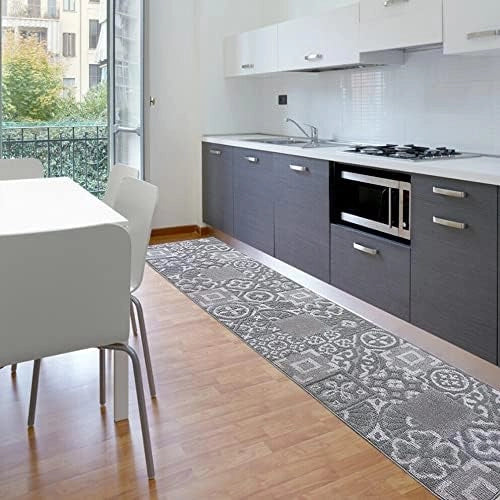 Tappeto Cucina 3D Passatoia Antiscivolo Piastrella Maiolica Grigio 50x75 cm