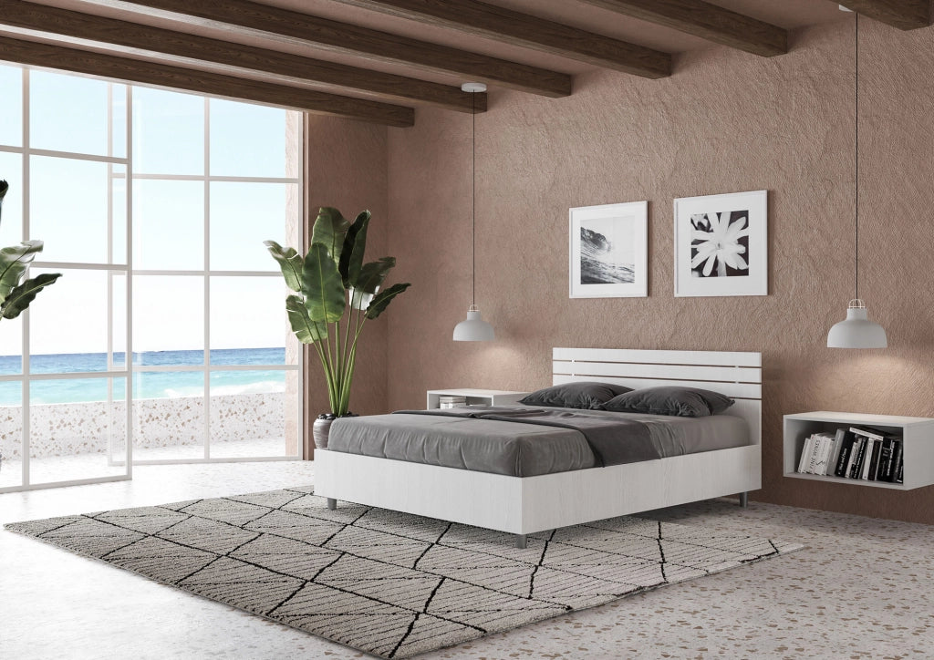 BS COM Letto matrimoniale francese senza rete 140x200 testata dritta con doghe bianco frassino