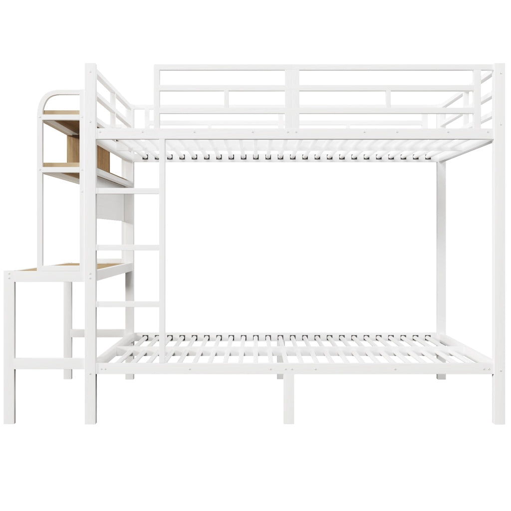 OKWISH Letto a Castello 140×200 cm, Letto Matrimoniale con Scrivania, LED Regolabile, USB, Ripiani e Scala, senza Materasso, Bianco