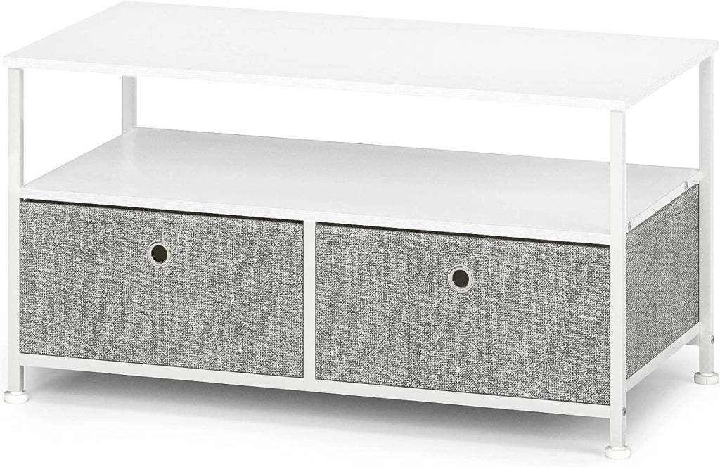 Tavolino da Salotto con 1 Ripiano 2 Cassetti Tavolino da Divano Rettangolare Aperto Tavolino da Caffè Tavolino porta TV Piccolo Metallo Struttura in Acciaio e Legno Mobile Moderno Bianco e Grigio